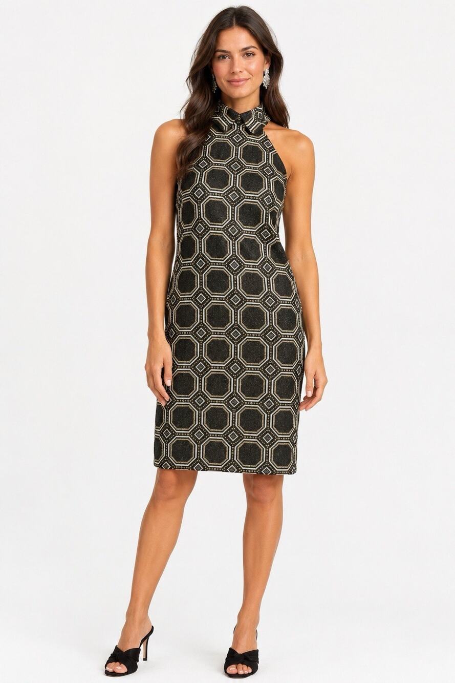 Trina Turk Jocular Geometric Halter Dress Black Gold Metallic Shift Size 14